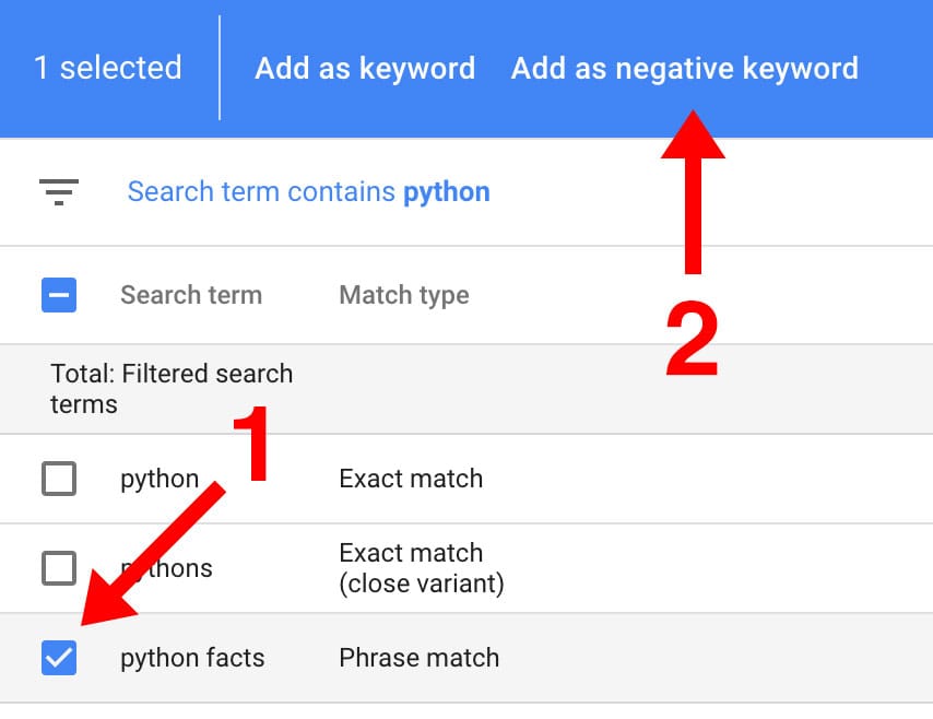 Add Negative Keywords in AdWords