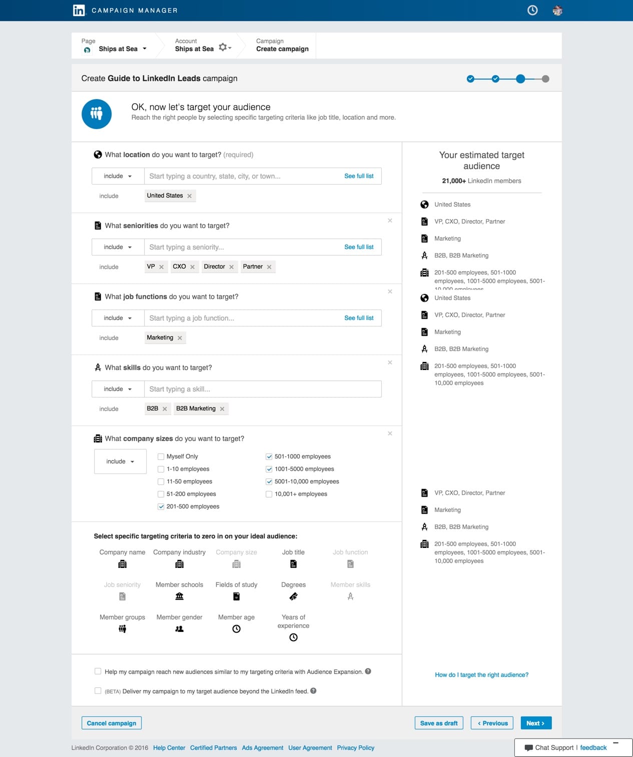 Example audience targeting settings for a LinkedIn Sponsored Content campaign.